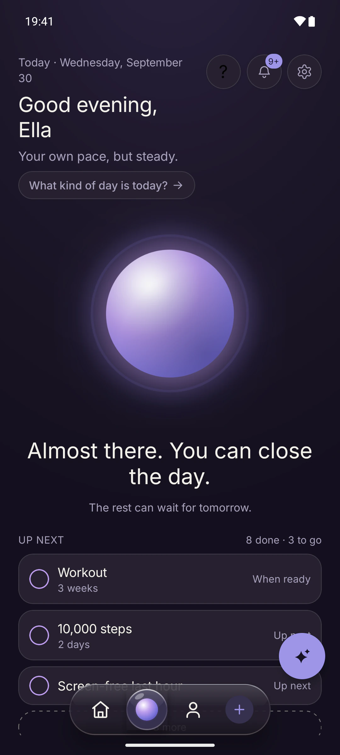 Telos Today screen: a glowing violet light in the middle, the greeting “Good evening, Ella” at the top, “Almost there. You can close the day.” below it, and the habits up next.
