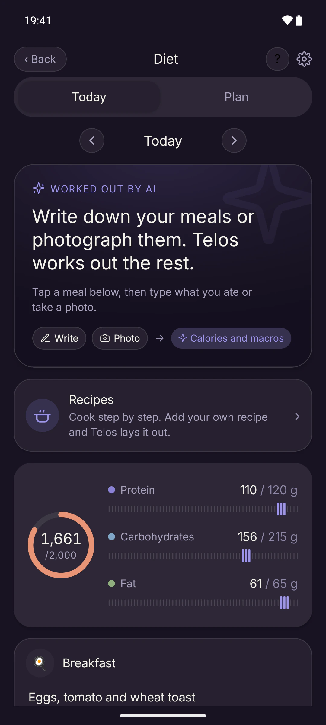 Diet screen: a “Write down your meals or photograph them” card, a ring showing 1,661 of 2,000 calories, and protein, carb and fat bars.