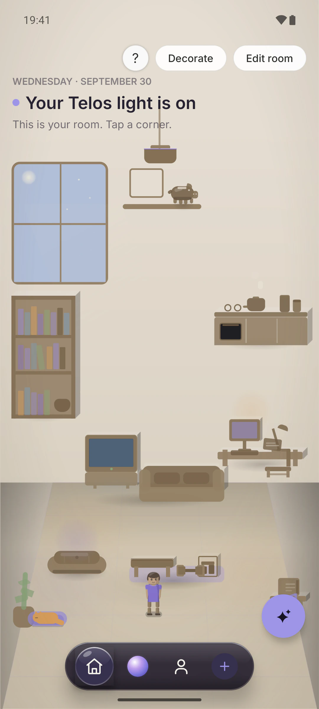 Your room screen: a warm, cream-toned illustrated room with a window, bookshelf, kitchen counter, TV, desk and a small avatar standing in the middle.