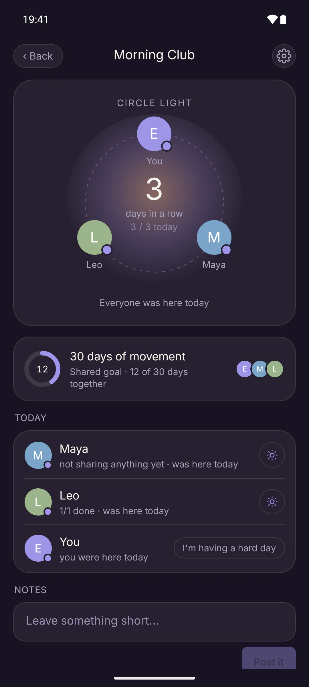 Together screen: the “Morning Club” bond, three people on a ring with a shared streak in the middle, a 30-day shared movement goal and a list of who was here today.